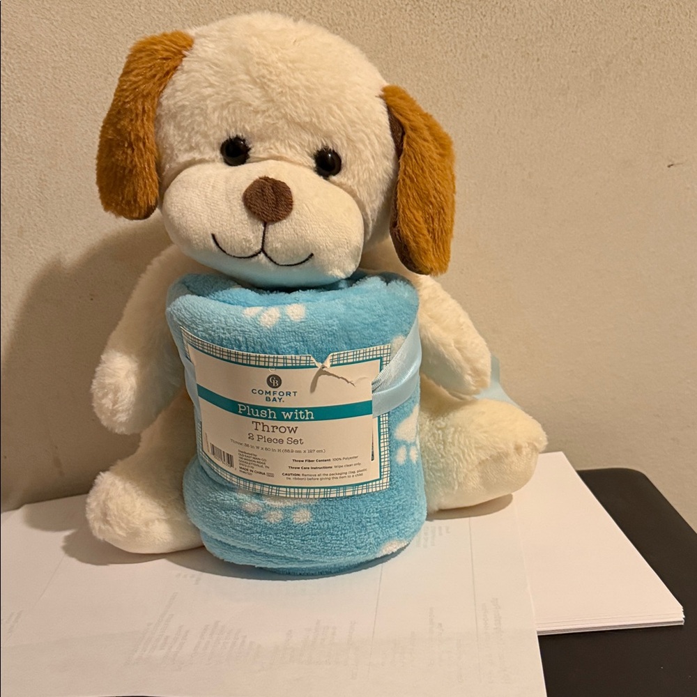 Plush Dog with Blue Throw Set